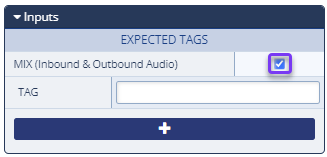 The Inputs section of the Configurations Panel for a Start call recording action with the Mix checkbox highlighted